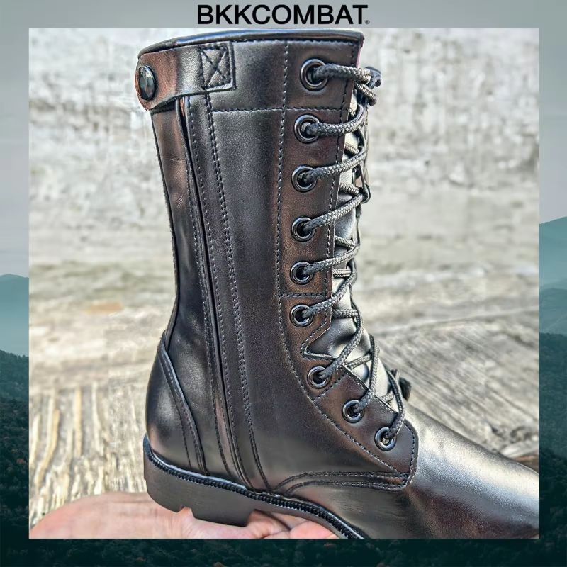 คอมแบท bk009S ซิป พื้น อส. สูง10นิ้ว หนังวัวแท้ หนังนิ่มขัดเงา ทรงหัวแหลมแนะนำใส่ +1ไซส์