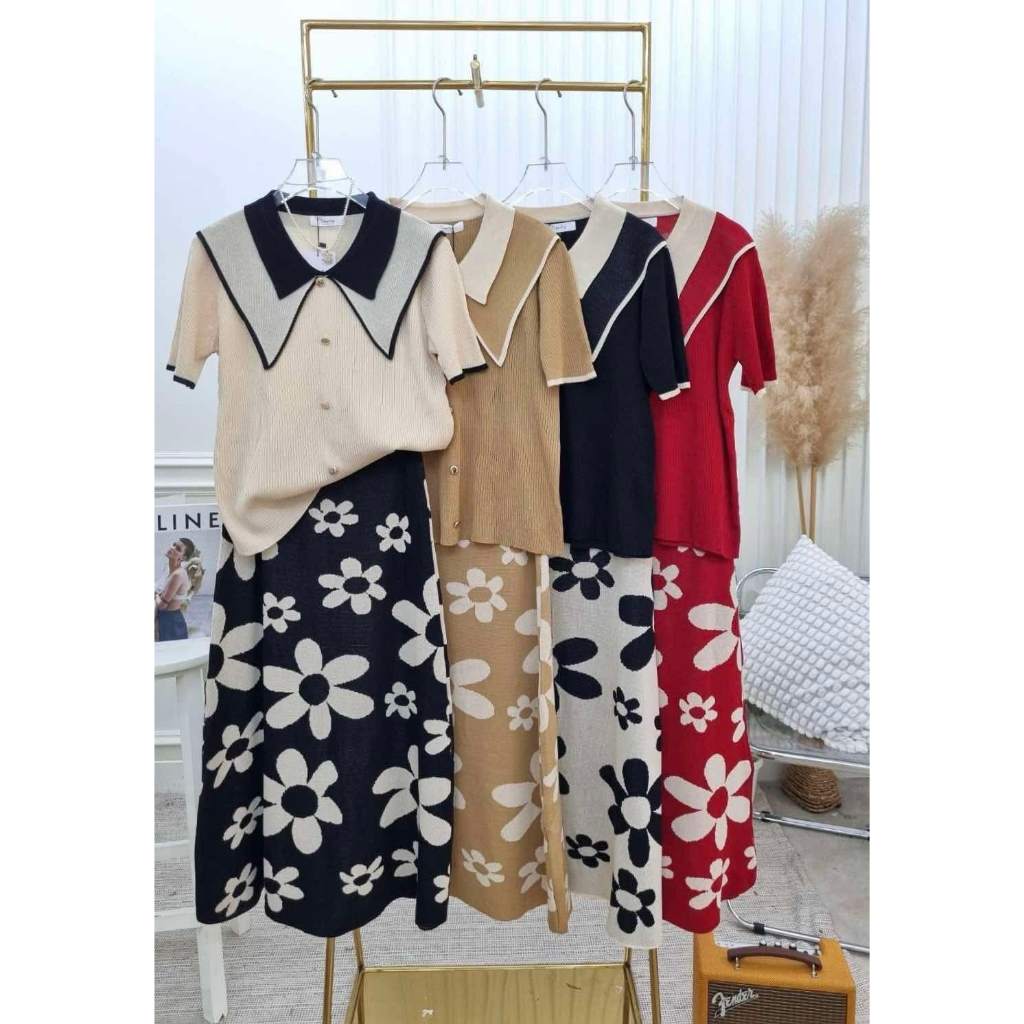 (S828)ชุดเซตเสื้อไหมพรมแต่งปกแหลม+กระโปรงนิตติ้งลายดอกไม้