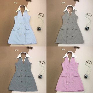 [LISA] A0809 ชุดเดรสกระโปรงคอปกแขนกุดดีเทลกระดุมดอกไม้แต่งกร…