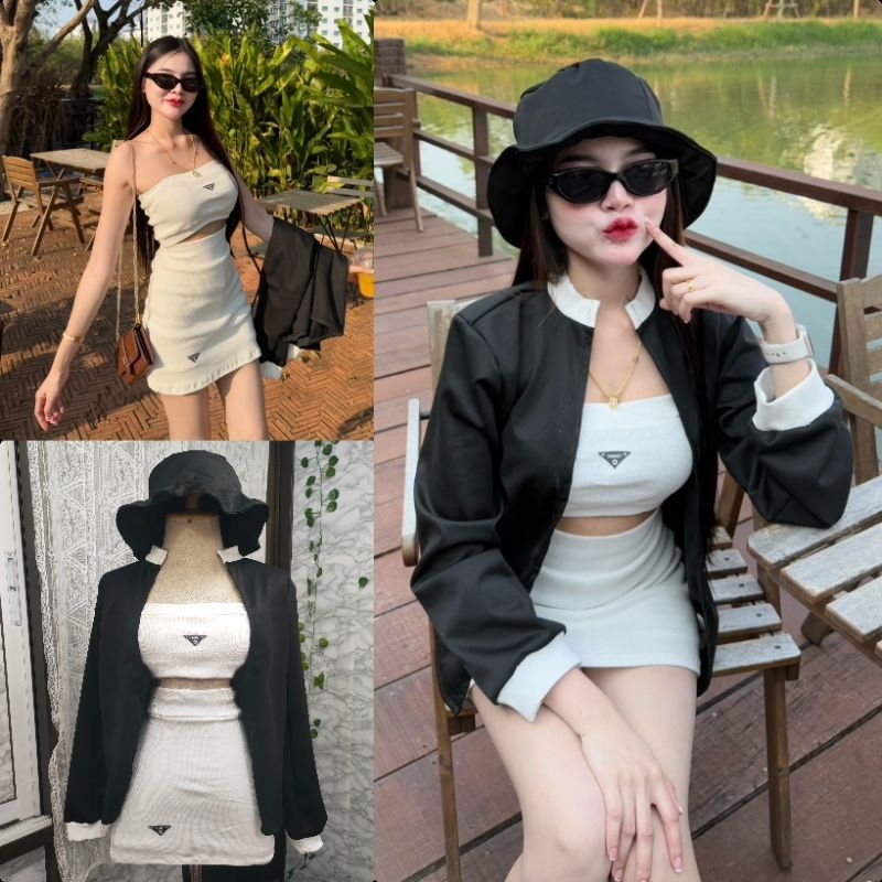 เซต4ชิ้นคุมโทน ได้เสื้อคลุม+หมวก+เกาะอก+กระโปรงมีซับในกางเกง