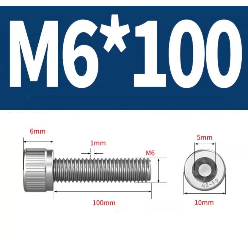 น็อต สกรู หัวจม สแตนเลส M6x100  เกลียวตลอด ราคา/1ตัว SUS304 เกลียวมิล หยาบ