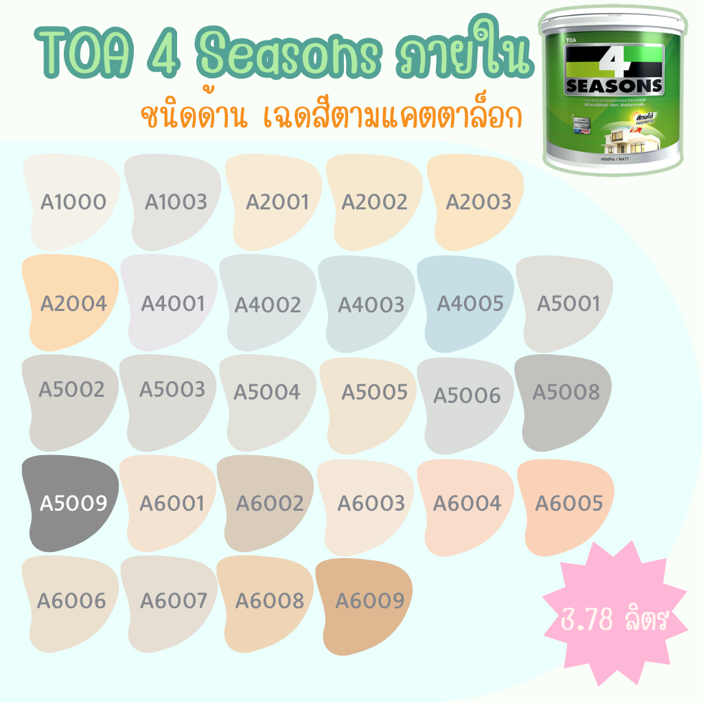 TOA โฟร์ซีซั่นส์ A1000,A7000,A8000,A5001,A5006,A5009 ขนาด 3.78 ลิตร สีทาภายใน สีน้ำอะคริลิค ชนิดด้าน