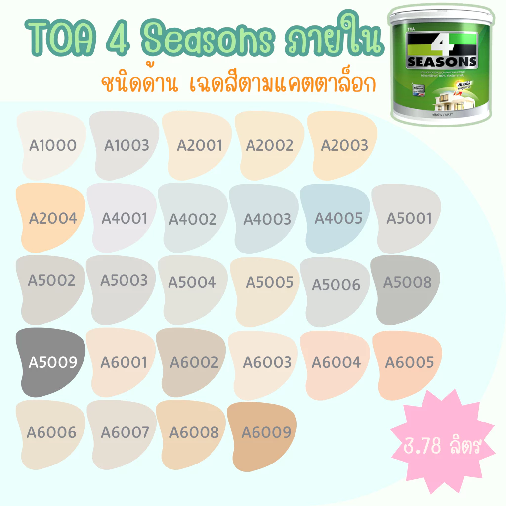 TOA โฟร์ซีซั่นส์ A1000,A7000,A8000,A5001,A5006,A5009 ขนาด 3.78 ลิตร สีทาภายใน สีน้ำอะคริลิค ชนิดด้าน