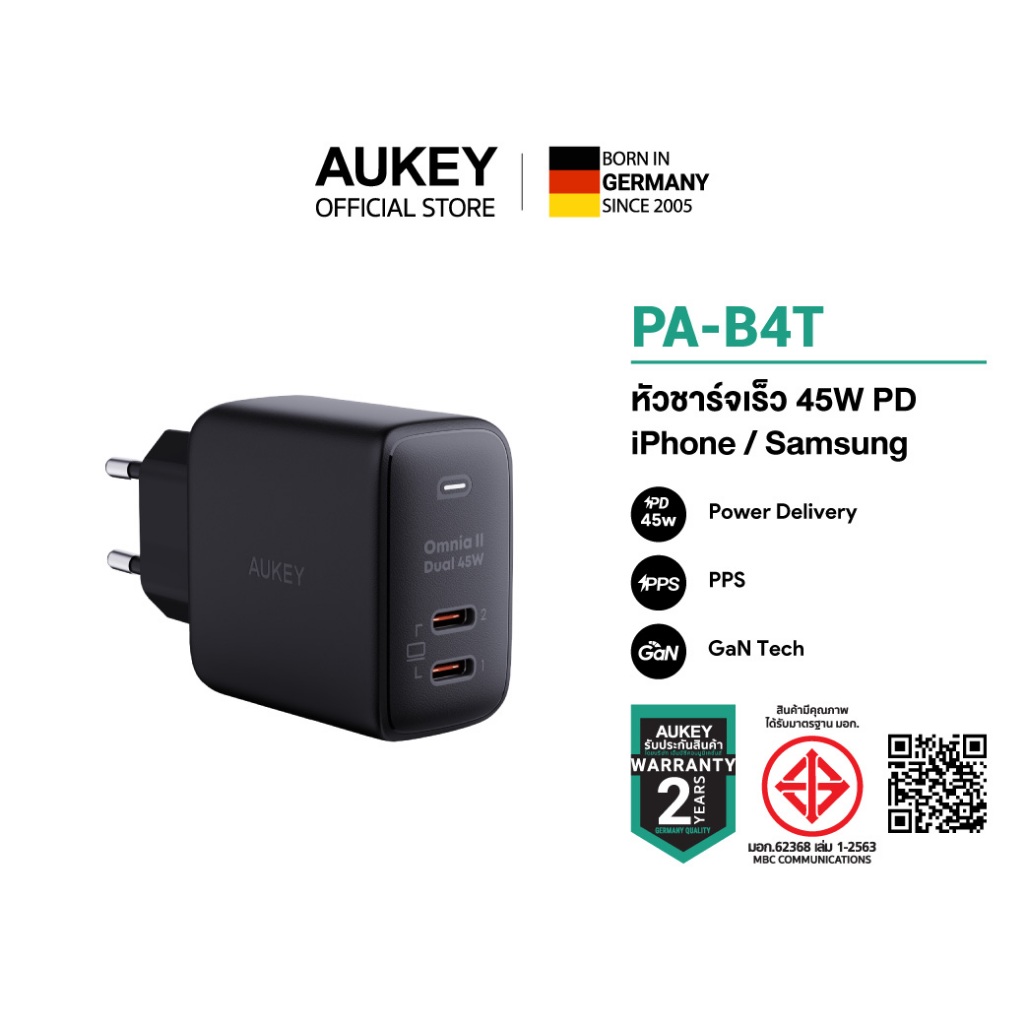 AUKEY PA-B4T หัวชาร์จเร็ว 45W OmniaII Series Dual Ports with GaNTech หัวชาร์จเร็ว 45W PD/PPS  สำหรับ