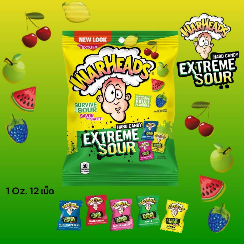 WARHEADS Extreme Sour Hard Candy ลูกอมรสเปรี้ยวปรี๊ด ถุงขนาด 1 Oz.