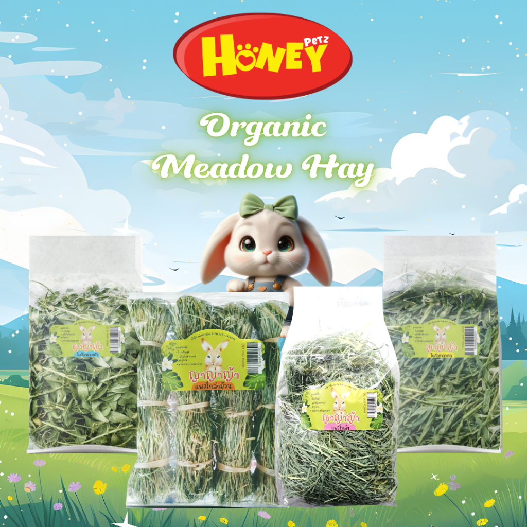 หญ้าและใบถั่วอบแห้ง แพงโกล่า คาวาเคต กราบาต้า HONEY PETZ ORGANIC HAY ขนาด 100 กรัม