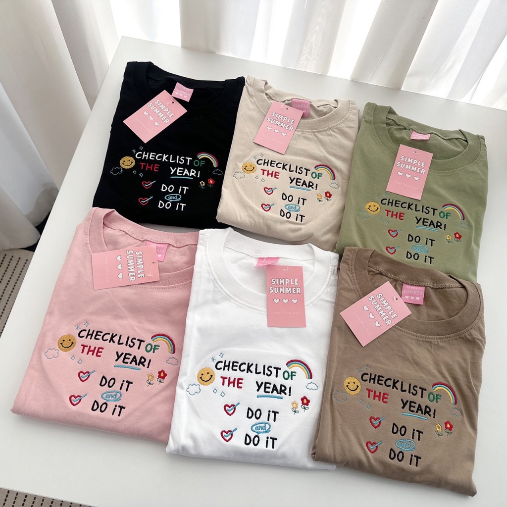 S331 เสื้อยืด oversize ผ้าคอตตอน ปัก checklist of the year 🌈☁️✅😋