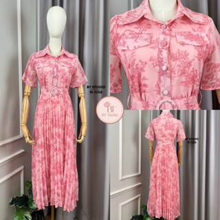 BT 15-1258 เดรสยาวคอปกแขนสั้นแต่งกระดุมหน้ากระโปรงอัดพรีท มา…