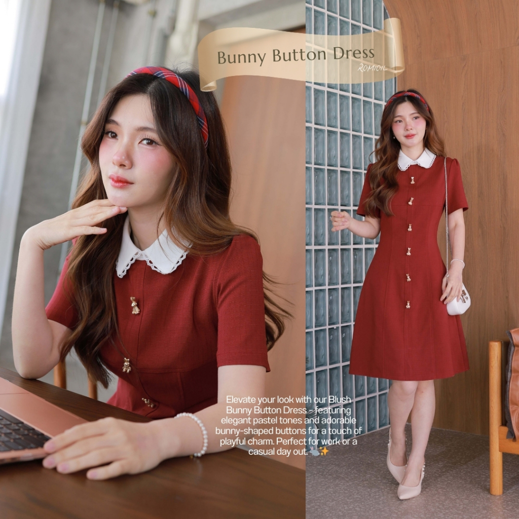 Romi"Oil" Bunny Button Dress (Red)  J585 ชุดเดรสสีแดง (คอปกขาวแต่งกระดุมกระต่ายสีทอง)(ไม่แนะนำให้แช่ผ้านะคะ)