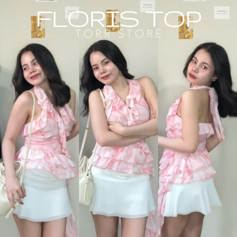 TORR.STORE Floris Top | เสื้อท็อปคล้องคอ ผ้าตาข่ายพิมพ์ลายดอกกุหลาบ ซับในทั้งตัว ชายระบายกรุยกราย