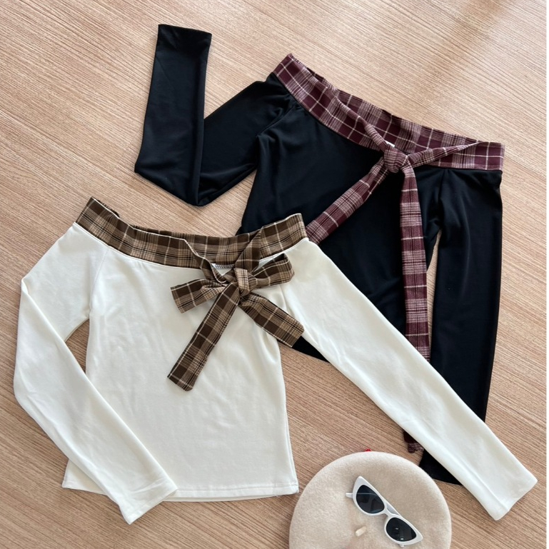 Pradap_brand:เสื้อแขนยาวปาดไหล่ขอบลายสก๊อต