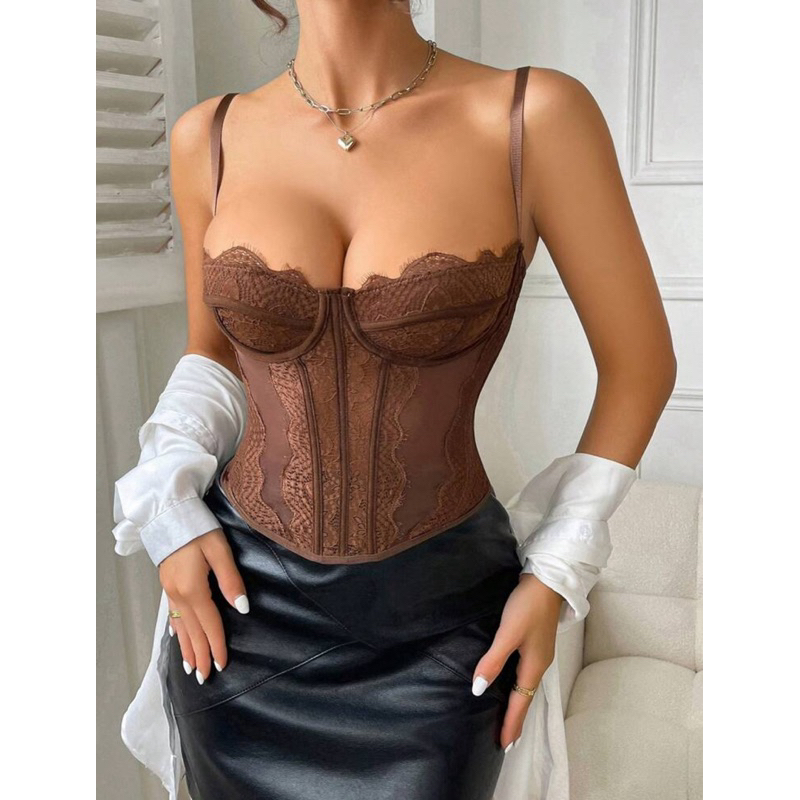 Dollar 🤎 เสื้อคอร์เซ็ท ลูกไม้ ทรงครึ่งอก ตะขอหลัง🤎 พร้อมส่งจากไทย 🇹🇭