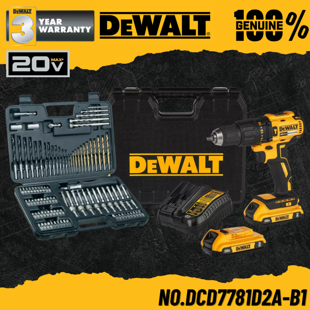 DEWALT สว่านกระแทกไร้สาย 18V BL motor พร้อมชุดดอก 109 ชิ้น No.DCD7781D2A-B1