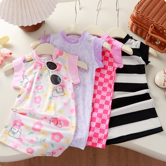 Babyonline(Y469)H4-5 (ส่งด่วน1วัน)ชุดกระโปรงแฟชั่นเด็กผู้หญิงแขนกุดลายน่ารัก ผ้าร่อง นุ่มเด้ง ใส่สบาย