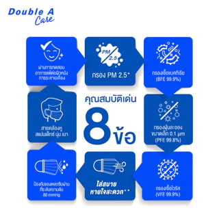 [แพ็ก 10 สีขาว 3 ชั้น] Double A Care หน้ากากอนามัยทางการแพทย์ชนิดยางยืด 3 ชั้น สีขาว SURGICAL MASK 3 PLY 10 ชิ้น/แพ็ก