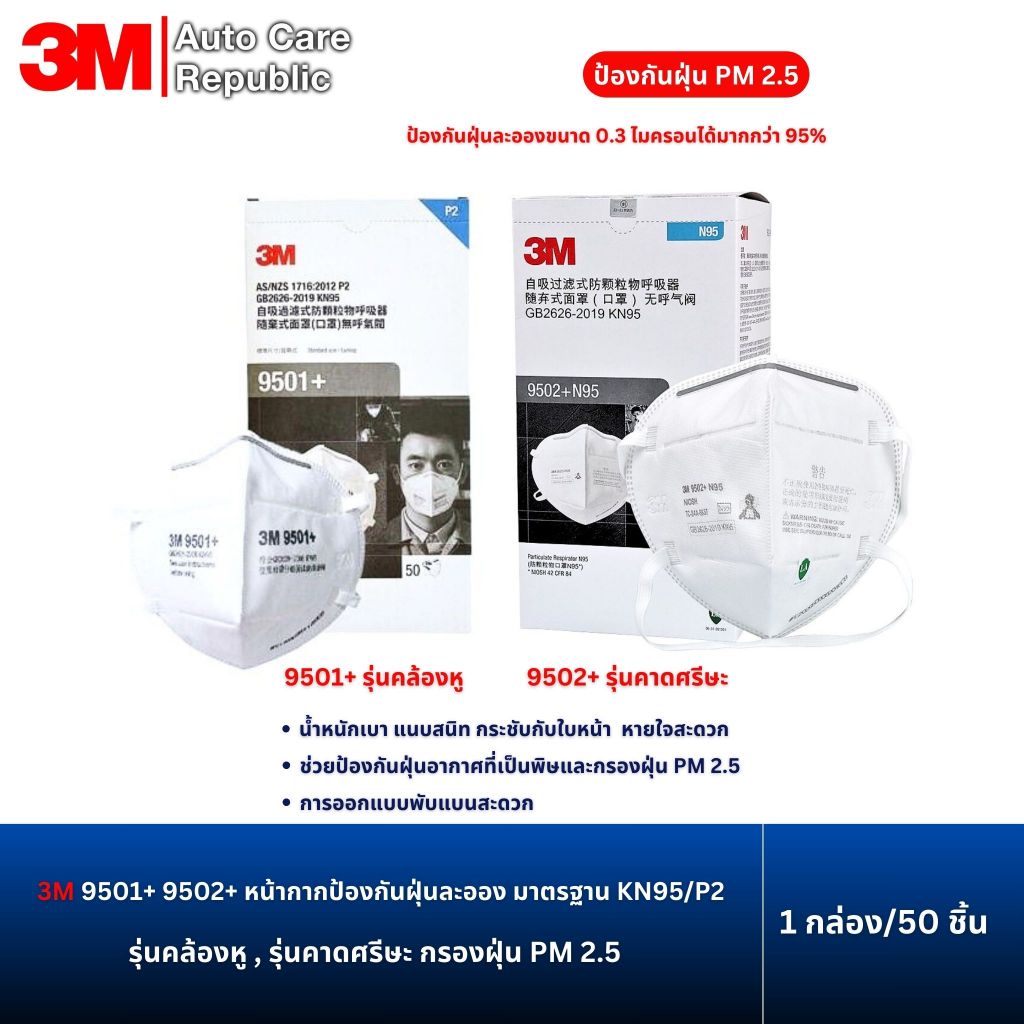 3M 9501+ 9502 + หน้ากากป้องกันฝุ่นละอองแบบคล้องหู มาตรฐาน KN95/P2 บรรจุ2ชิ้น/ห่อ(10ชิ้น),(1กล่อง)