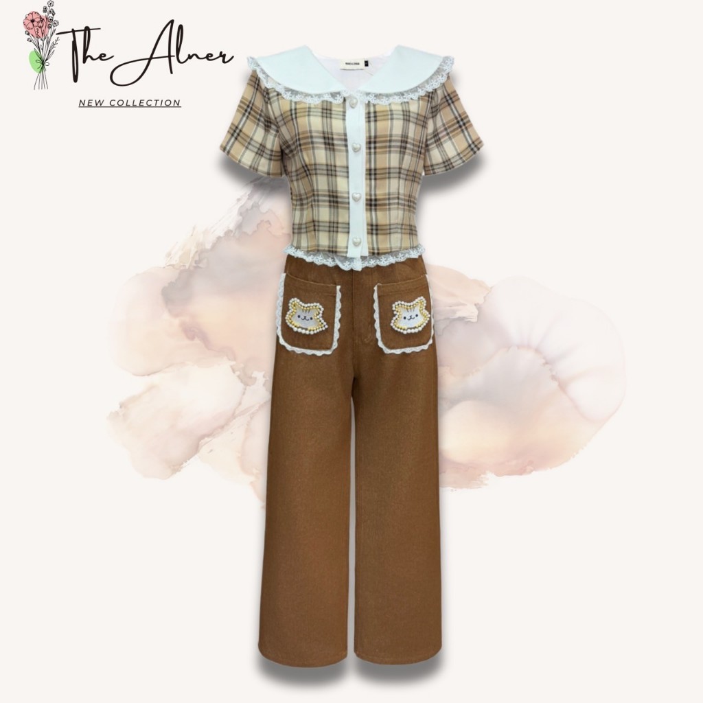 AN895 เซตเสื้อตารางน้ำตาลคอปกขาวกางเกงขายาว he Alner Women Lady เสื้อผ้า Clothing