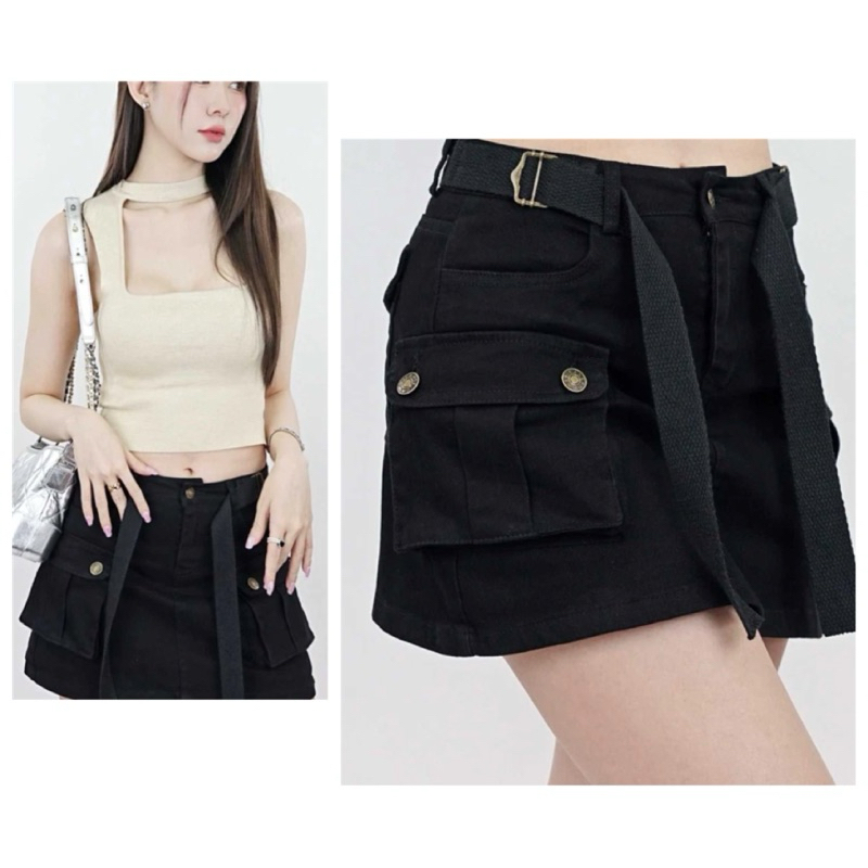 SLYQ Bkk : M SLYQ HANNAM CARGO MINI SKIRT กางเกงกระโปรงสั้น แต่งกระเป๋า ทรงคาร์โก้ สีดำ