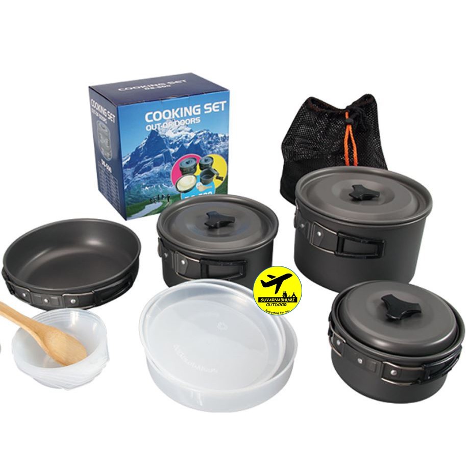 หม้อสนาม อลูมิเนียม Cooking set DS-300 จัดเก็บเป็นระเบียบ พร้อมถุงตาข่าย พาพกสะดวก