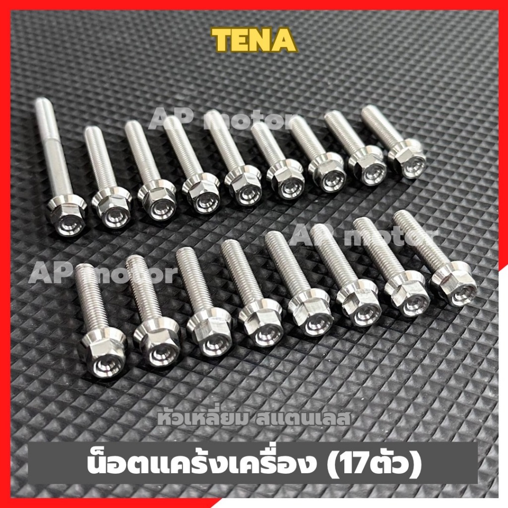 น็อตแคร้งเครื่องTENA 17ตัว หัวเหลี่ยมจี้ลาย สแตนเลส น้อตแคร้งเครื่องเทน่า น้อตเครื่องเทน่า น้อตแคร้งtena น้อตเครื่องtena