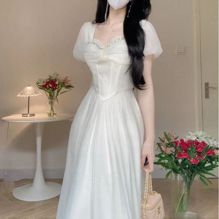 🐙 3XL ชุดเดรสสีขาวขนาดใหญ่สไตล์เกาหลีฤดูร้อนคอสี่เหลี่ยมแขนพัฟชุดกระโปรงยาว