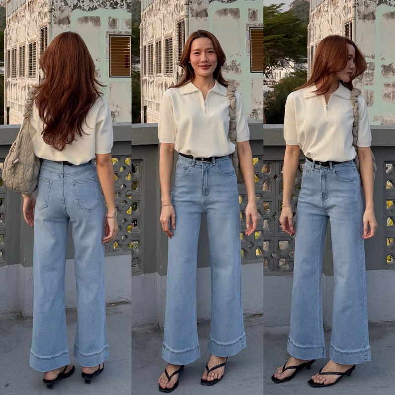 Gagel Jeans ยีนส์ขาเต่อสุด cute ยีนส์เอวสูงขากระบอกกลางผ้ายีนส์ยืดพรีเมี่ยม