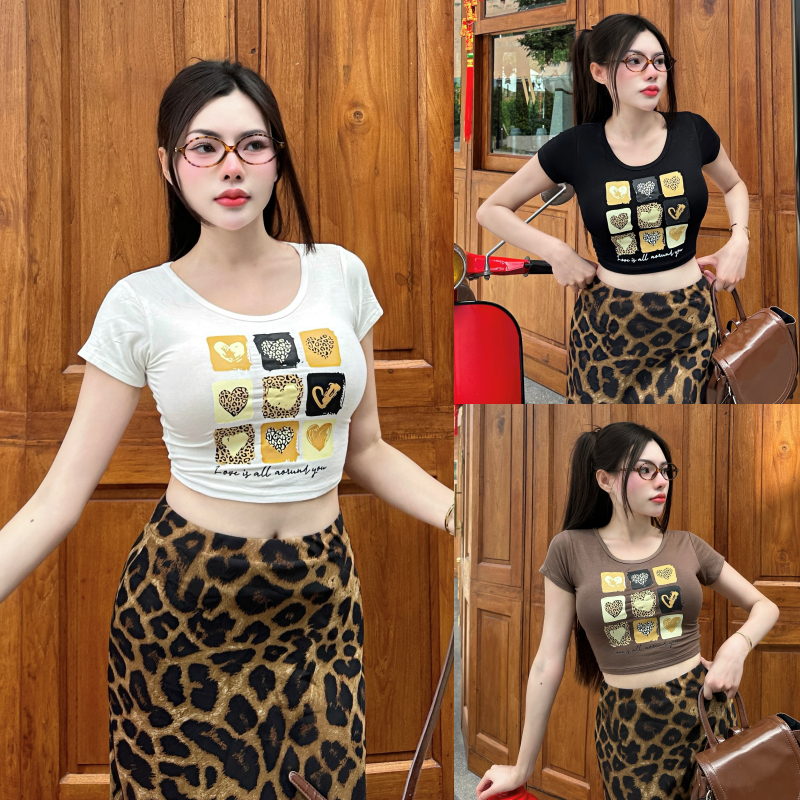 🌈SpinnyHouse🌈เสื้อครอปแขนสั้น ผ้าเรย่อน สกรีนลายเต็มๆ ปังมาก แว่บสุดๆ รุ่น ครอปเรียบเสือ