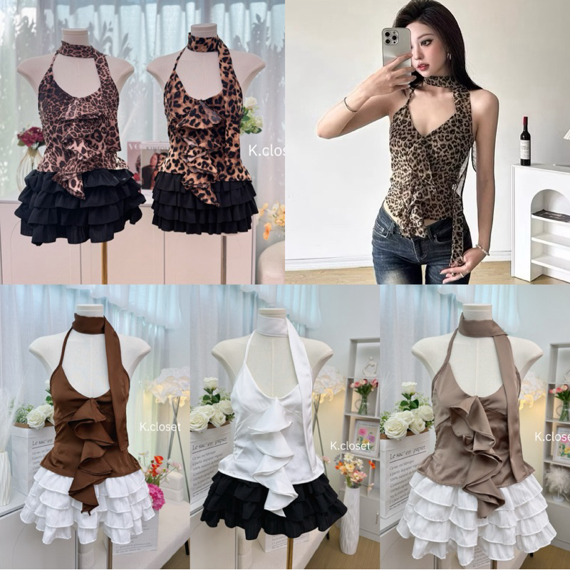 เสื้อสายเดี่ยวผ้าลายเสือ พิมพ์ลาย+ ผ้าผูกคอ ทรงสวยเซ็กซี่ สายแซ่บพลาดไม่ได้เลยค่า