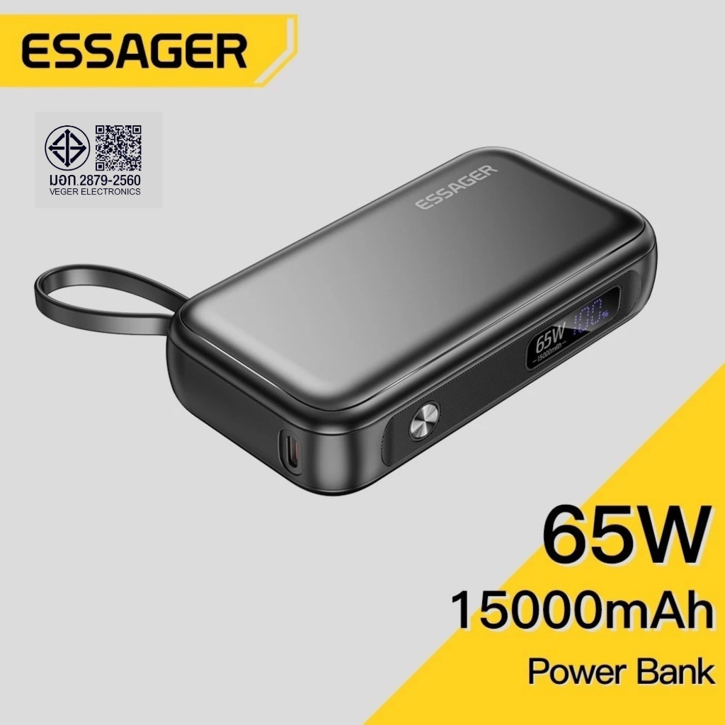 Essager พาวเวอร์แบงค์ 15000mAh 65w พร้อมสายเคเบิล ชาร์จเร็ว สองทาง รองรับ samsung 45w IP 29w สําหรับ PD3.0 PPS QC 4.0
