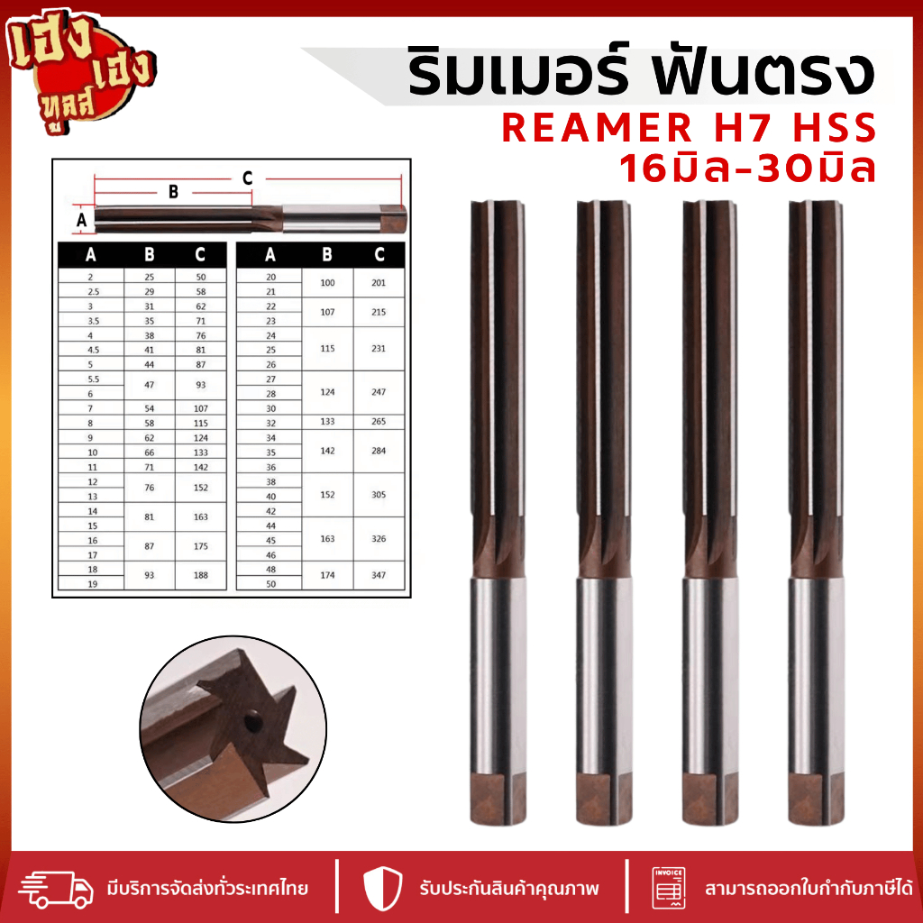 reamer ริมเมอร์ รีมเมอร์ H7 HSS ฟันเกลียว 16มิล-30มิล ฟันตรง