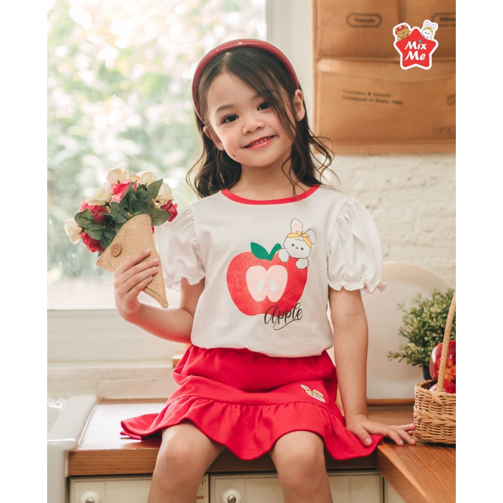 Mix Me เสื้อยืดคอกลม แขนตุ๊กตา ลายแอปเปิ้ล ผ้า 100%Cotton นุ่ม เด็กหญิง อายุ 1-7 ปี เสื้อผ้าเด็ก รุ่
