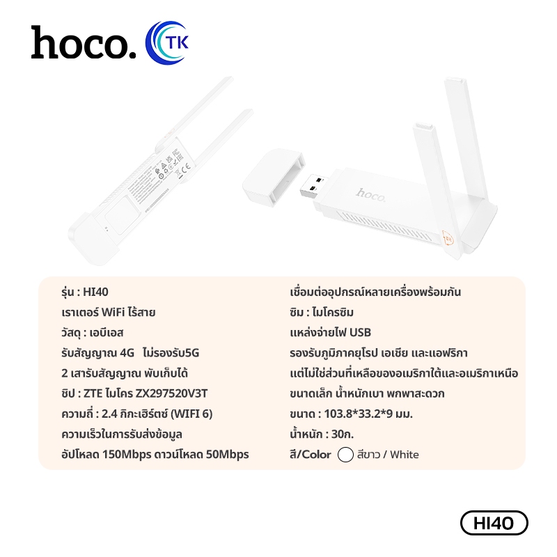 Portable WiFi Router ไวไฟขนาดพกพา Micro SIM ความถี่ 2.4GHz 150Mbps ไฟแสดงสถานะ LED HOCO HI40