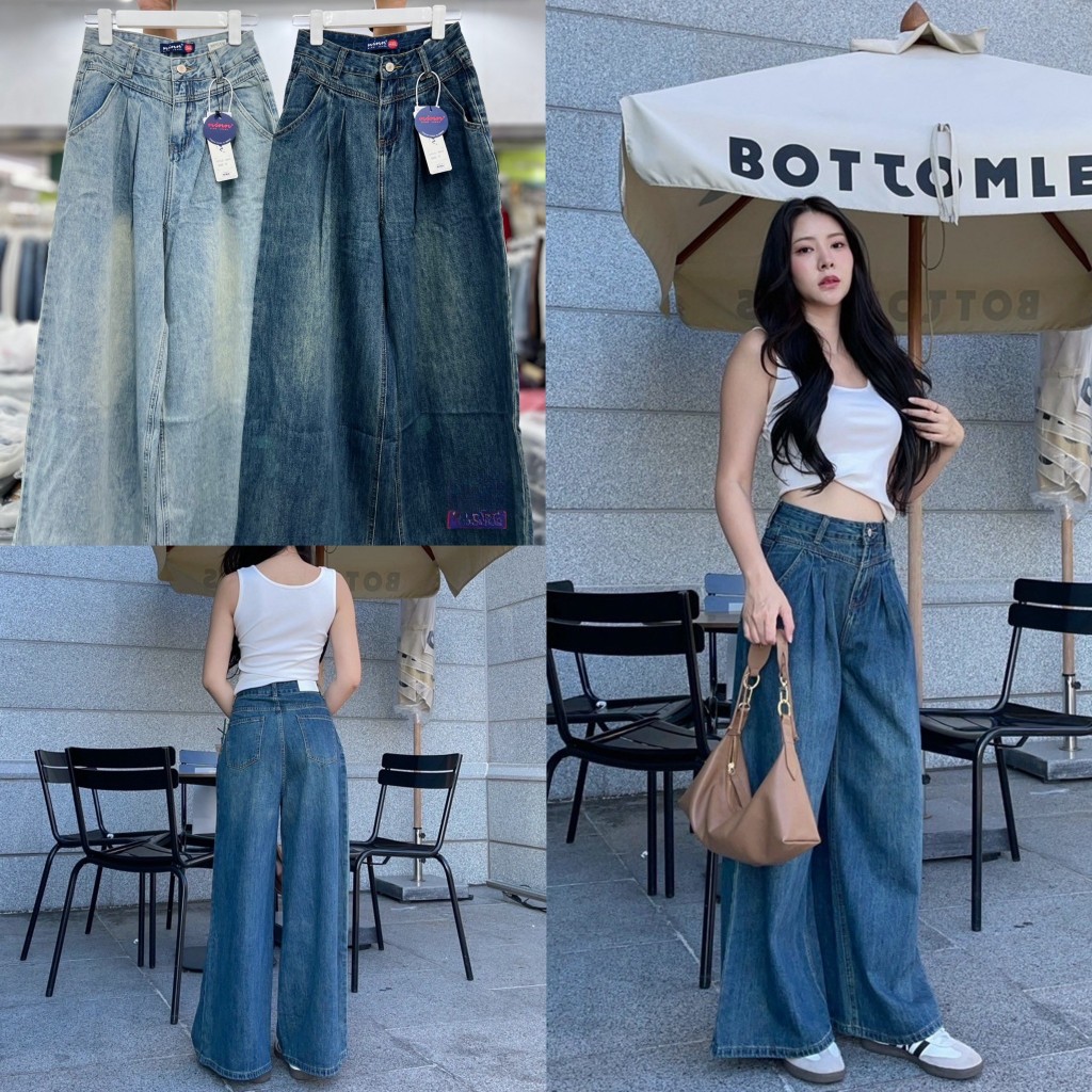ninn jeans 8922 กางเกงยีนส์ขาบาน ผ้าไม่ยืด เอวสูง ทรงสวยผ้านิ่มลื่น เย็บจีบเก็บเอว งานพรีเมียมนำเข้า