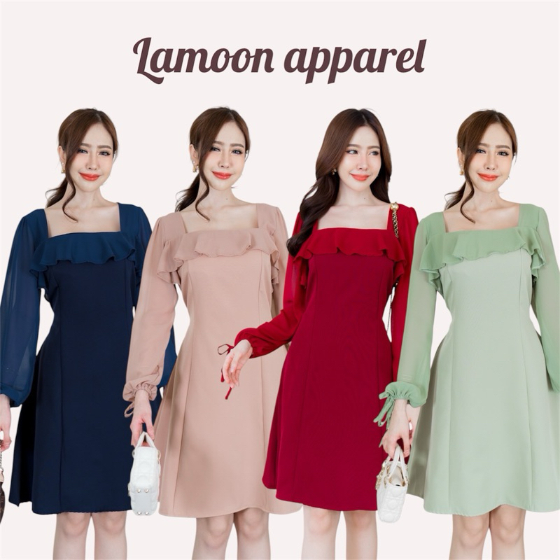 เดรสเเต่งเเขนชีฟองระบายอก ติดโบว์เเขน ป้าย modish