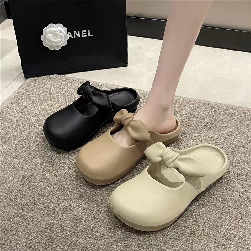 รองเท้าคัชชูเปิดส้นแฟชั่นผู้หญิง แต่งด้วยโบว์ผูก น้ำหนักเบา ใส่สบาย แนะนำ+เพิ่ม1ไซส์