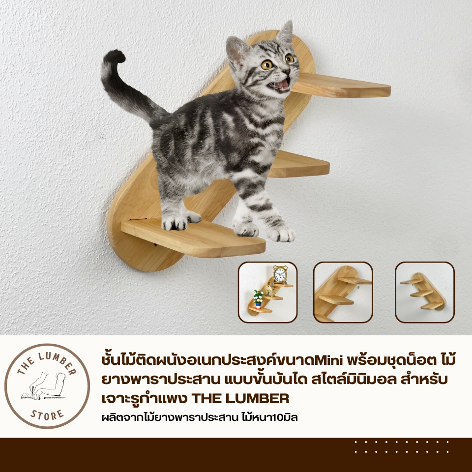 ชั้นไม้ติดผนังอเนกประสงค์ขนาดMini พร้อมชุดน็อต ไม้ยางพาราประสาน แบบขั้นบันได สไตล์มินิมอล สำหรับเจาะรูกำแพง THE LUMBER