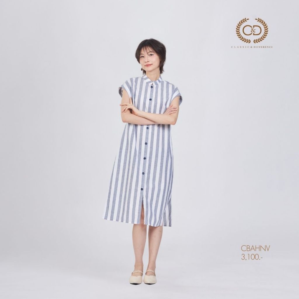 C&D เดรส Two tone stripe ทรงตรง แขนเลย สีขาวริ้วกรม CBAHNV