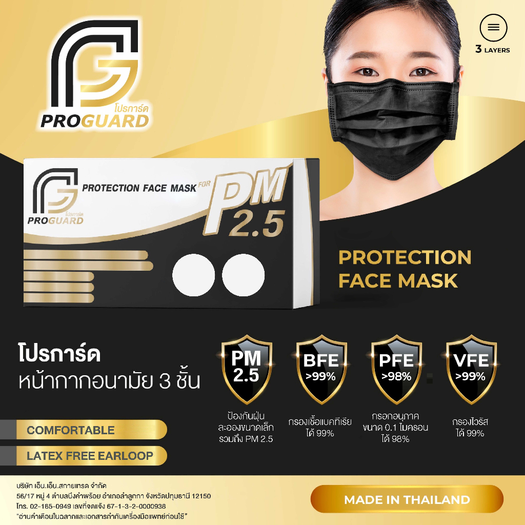Proguard หน้ากากอนามัยทางการแพทย์ 3 ชั้น ชนิดหนาพิเศษ สีดำ บรรจุ 50 ชิ้น