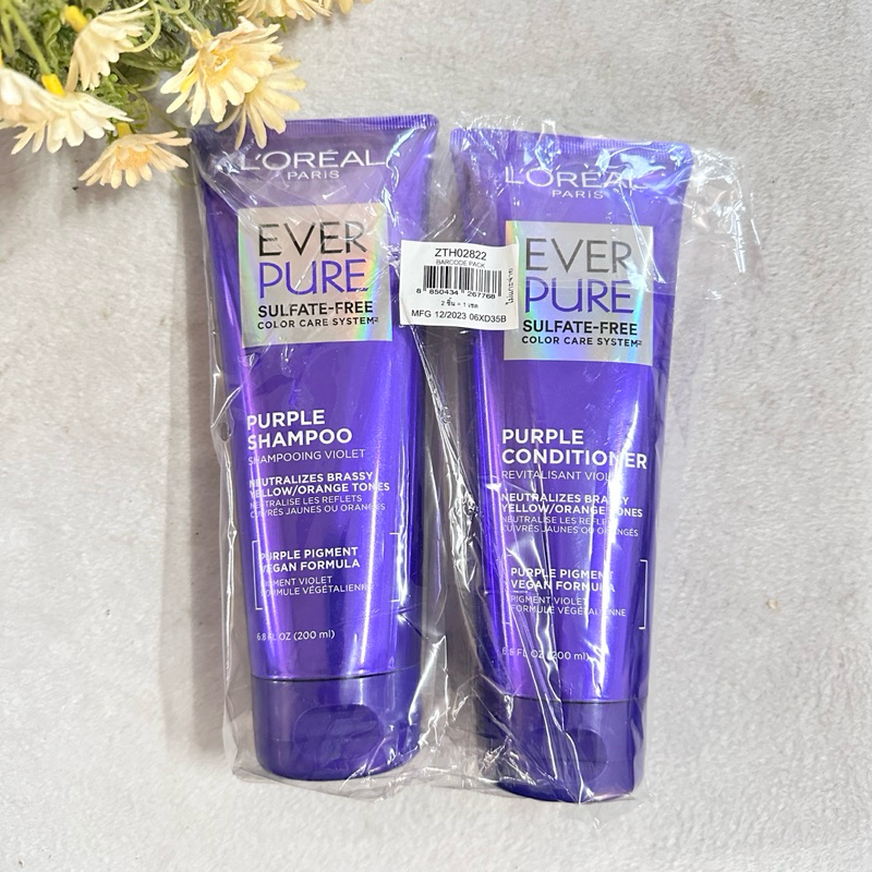 ผลิต 06/2025 เซทแชมพูและครีมนวดสีม่วง  EverPure Sulfate-Free Purple Shampoo 200ml + Conditioner 200ml.