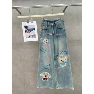 กางเกงยีนส์เอวสูง สกีนลายน้องหมา เฟตสีสวย ไซร์ SML XL 2XL