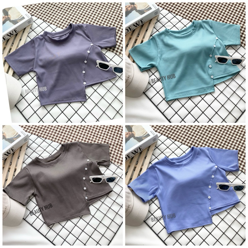 [099]เสื้อครอปคอกลม แต่งกระดุม สวยเก๋ ใส่สบาย