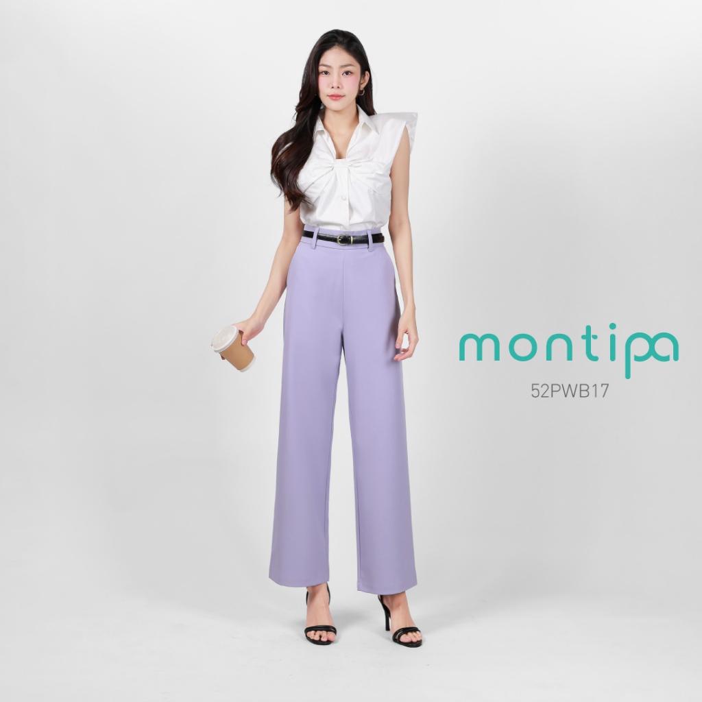 Montipa กางเกงทรงกระบอก ซิปหลัง ขอบเอวสูง ผ้า Comfort 52PWB17
