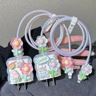 ฝาครอบป้องกันสายชาร์จ ลายดอกไม้ 3D สไตล์เกาหลี Power Adapter 20W สำหรับ For iPhone ตัวป้องกันสายชาร์จเพื่อป้องกันสายขาด
