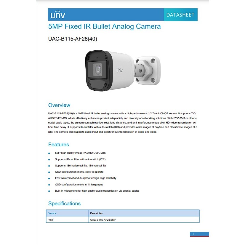 กล้องวงจรปิด UNIVIEW รุ่น UAC-B112-AF28 (2.8 MM) ความคมชัด 2 ล้านพิกเซล