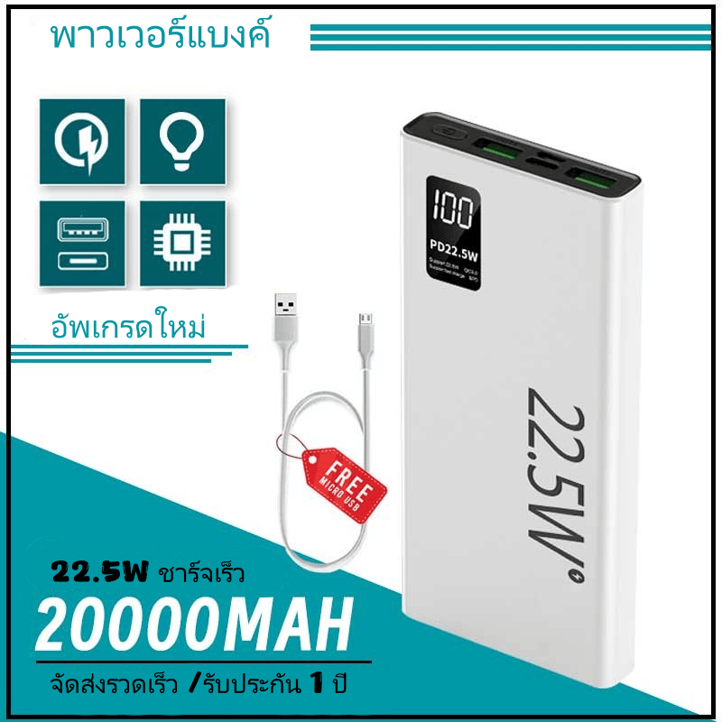 20000mAh Power Bank แบตสำรอง Fast Charging 100% Original แหล่งจ่ายไฟเคลื่อนที่ พร้อมจอแสดงผลหมายเลข LED