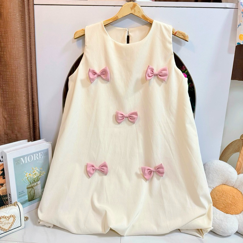Dress แขนเว้าบอลลูนทรงปล่อยแต่งโบว์ ( Ba-9 ) 🎀✨