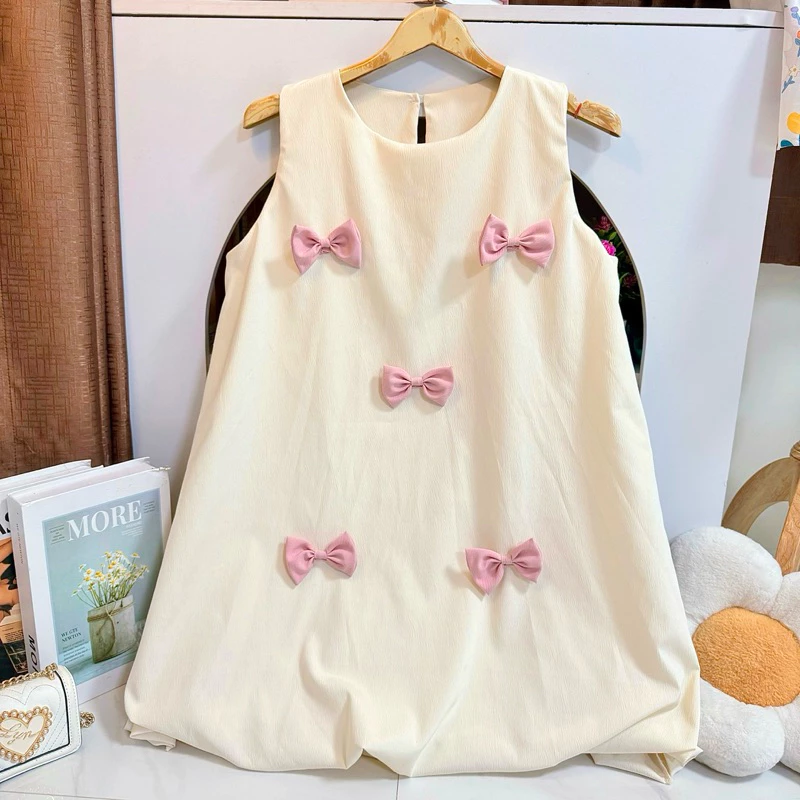Dress แขนเว้าบอลลูนทรงปล่อยแต่งโบว์ ( Ba-9 ) 🎀✨