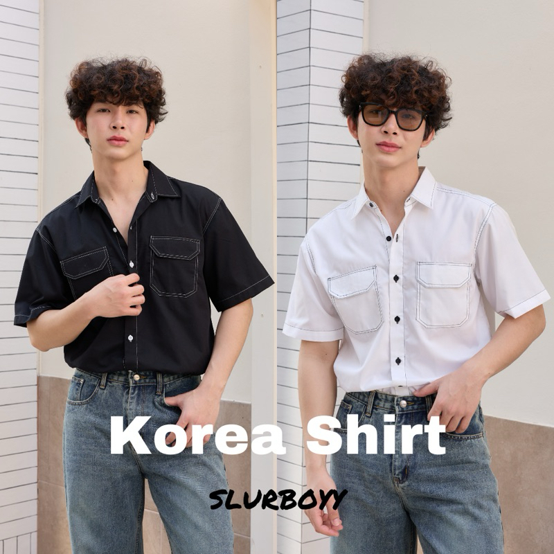 (ส่งด่วน กทม 4 ชม.) SLURBOYY KOREA SHIRT เสื้อเชิ้ตเกาหลี ตัดเส้นด้าย สองกระเป๋าฝาปิด (SB0760)