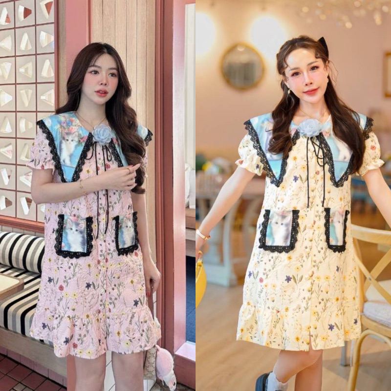 (ชอบใส่อกพอดีลด 2 ไซส์) เดรสสั้น คอปก ลานแมว สีชมพู สีเหลือง งานป้าย si-am