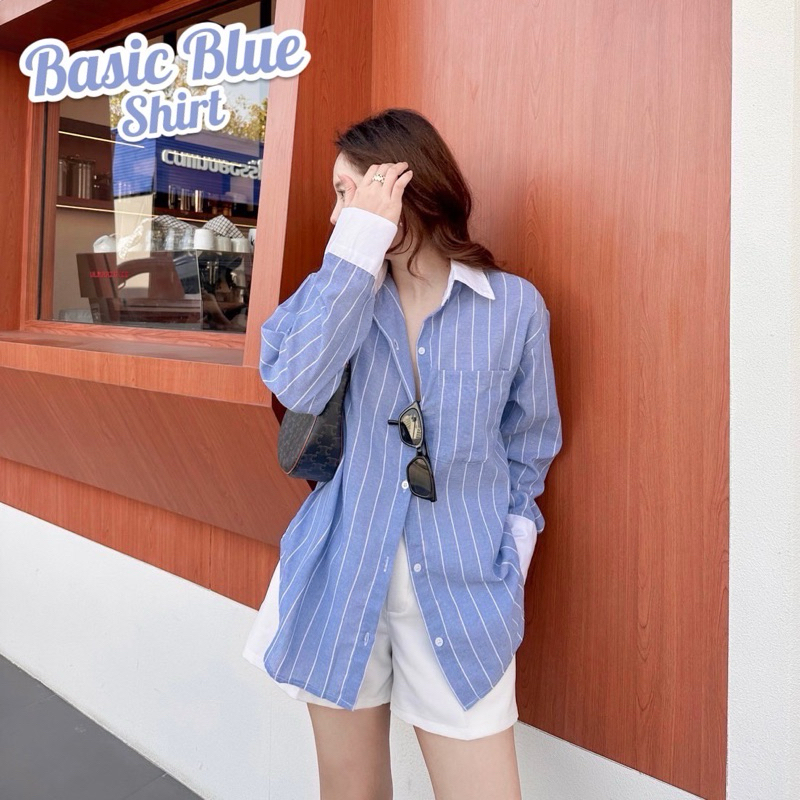 𝗡𝗘𝗪 BASIC BLUE SHIRT เสื้อเชิ้ตแพทเทิร์นสวย ผ้าคอตตอนผสมฝ้ายเนื้อนิ่ม ใส่เที่ยวใส่ทำงานได้ ทรงโอเวอร์ไซส์
